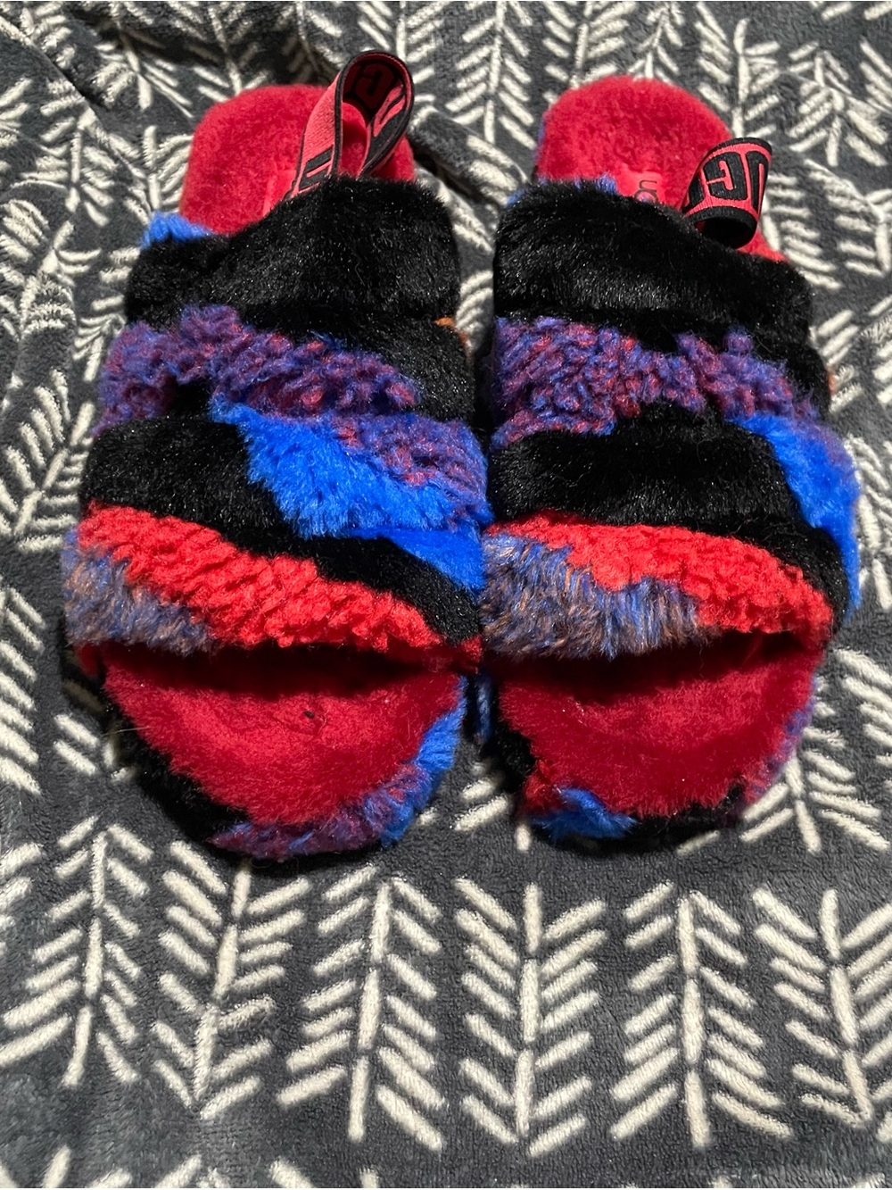UGG Multicolor Faux Fur Slide Sandals in Red, Black & Blue